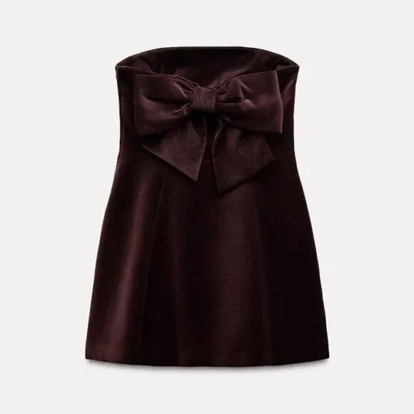 NWT ZARA VELVET BOW DRESS Burgundy - threedaughtersproperties.com
